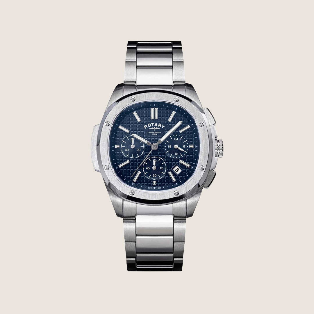 Rotary Mens Apex 100 Chronograph Blue Dial Silver Bracelet Sport Watch RGB10031-05