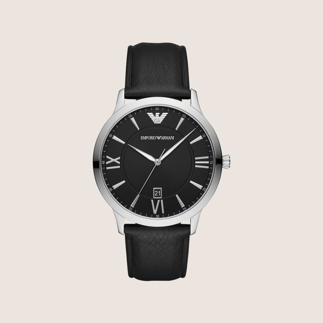 Emporio Armani Men's Watch Black Dial Black Leather Strap AR11210
