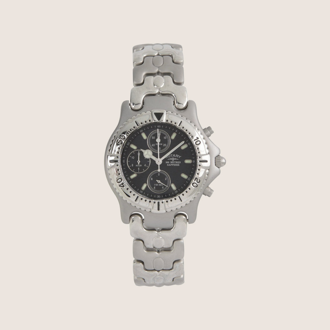 Rotary Mens Time Chronograph Black Dial Silver Stainless Steel Bracelet Watch GB00218-05