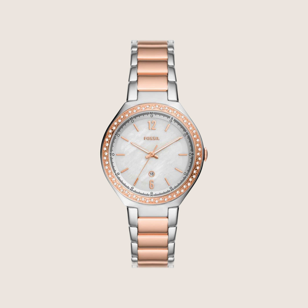 Fossil Women's Ashtyn Two-Tone Mother-of-Pearl Crystal Bracelet Date Watch BQ3844