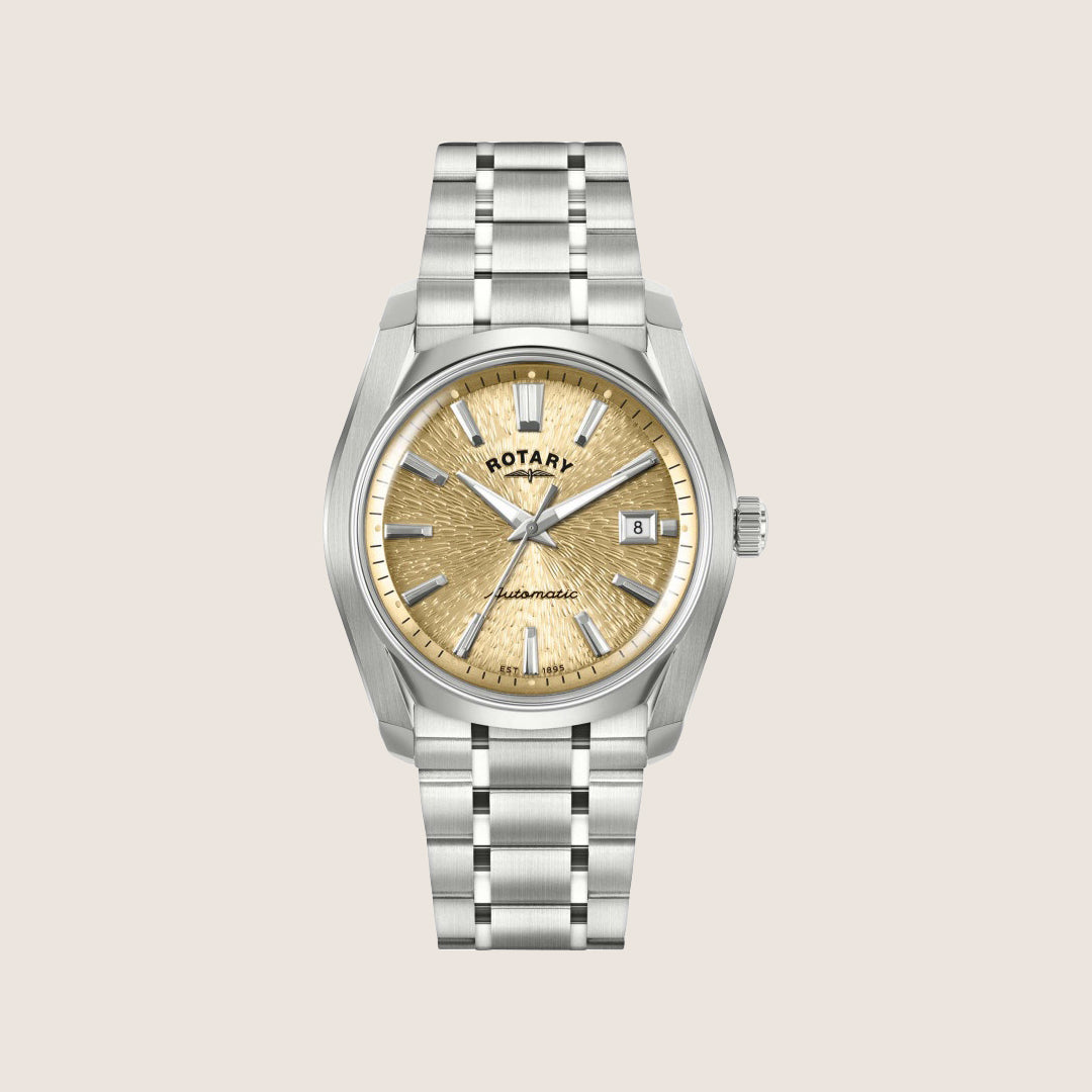 Rotary Mens Lumen Automatic Gold Dial Silver Stainless Steel Bracelet Watch RGB10011-03