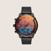 Diesel Mens Griffed Chronograph Black Dial Black Leather Strap Watch DZ4519
