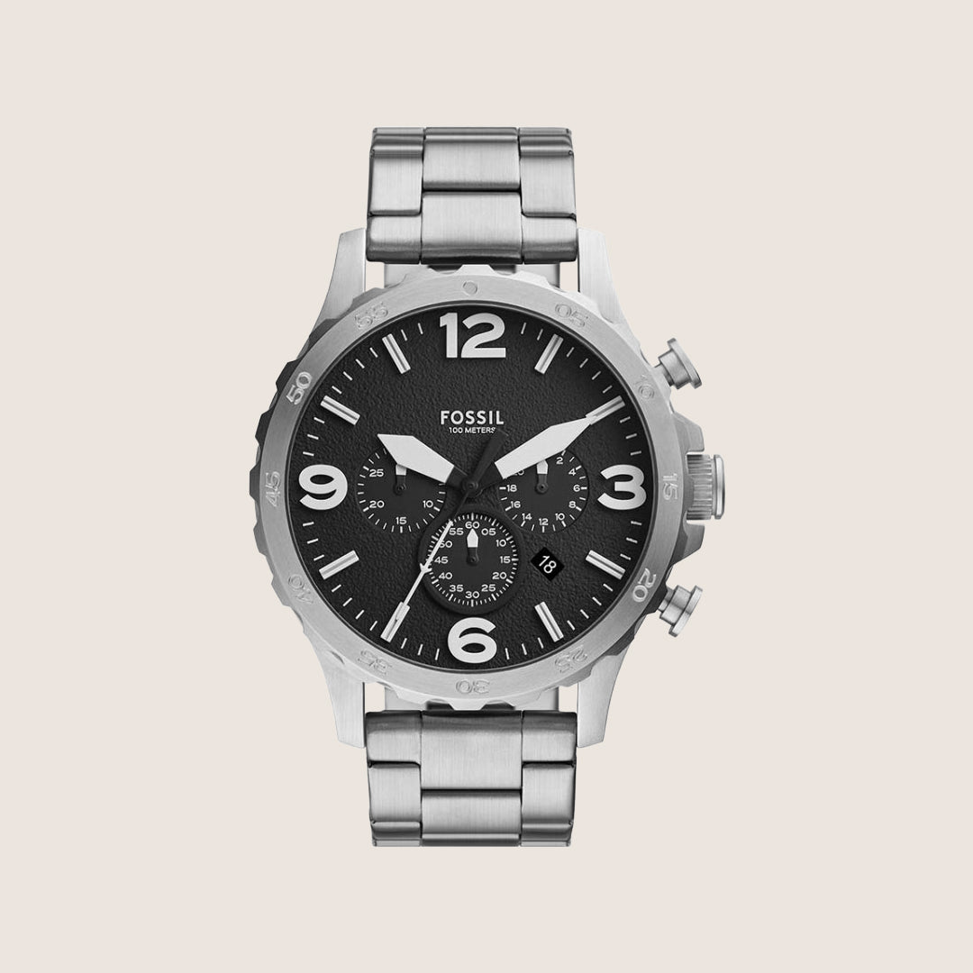 Fossil Mens Nate Black Chronograph Steel Watch JR1532