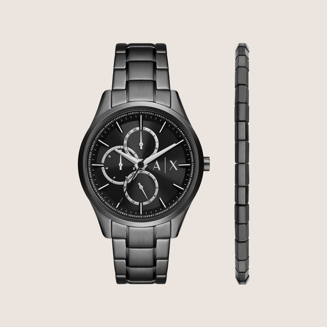 Armani Exchange Men's Sport Watch & Bracelet Gift Set Black Steel AX7154SET