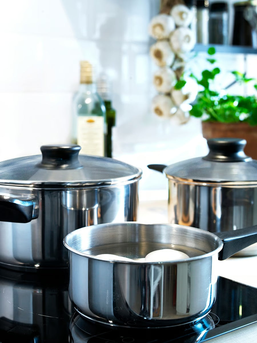 IKEA ANNONS 5-piece cookware set, glass/stainless steel, Stainless steel, Tempered glass, Aluminium