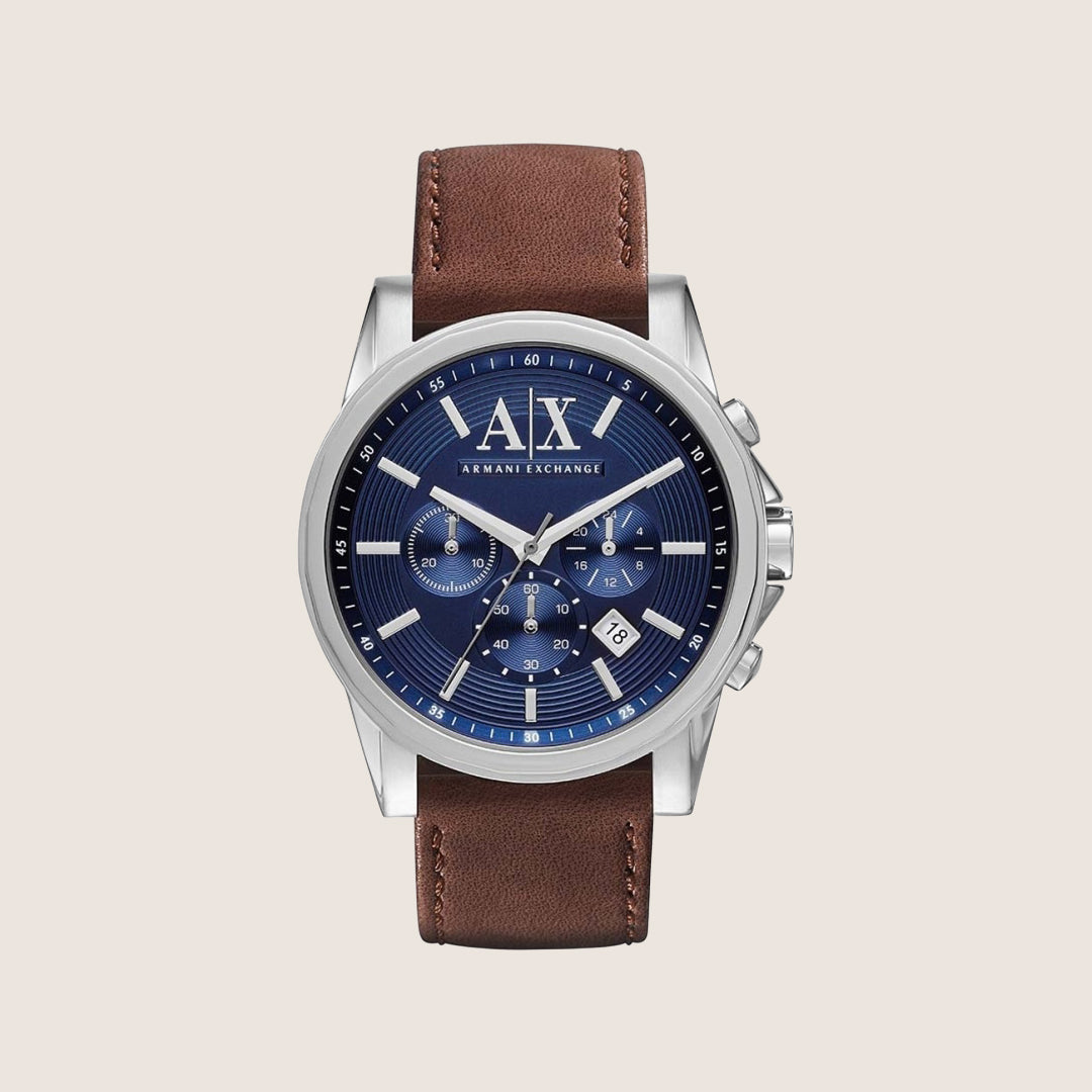 Armani Exchange Men's Dress Watch Blue Chronograph Worn-Effect Brown Leather Strap AX2501