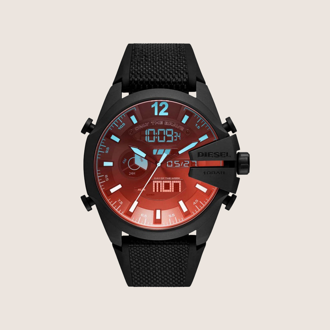 Diesel Mens Mega Chief Ana-Digi Chronograph Two-Tone Dial Textile Strap Watch DZ4548