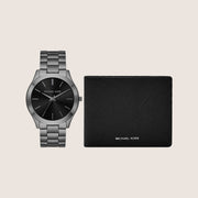 Michael Kors Men's Slim Runway Watch and Wallet Gift Set Gunmetal Black Dial MK1044