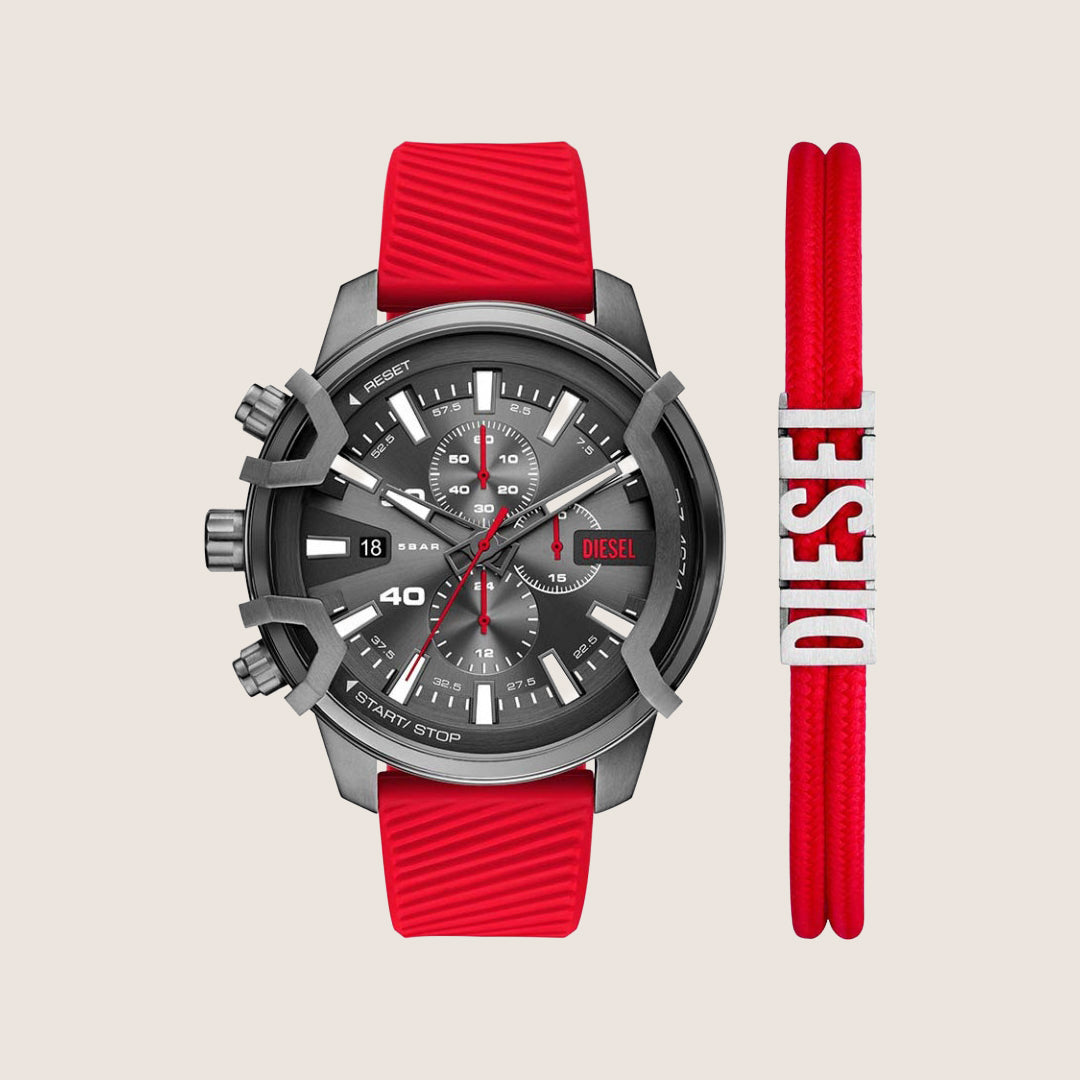 Diesel Mens Griffed Chronograph Black Dial Red Strap Watch & Bracelet Gift Set DZ4673SET