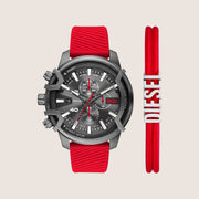 Diesel Mens Griffed Chronograph Black Dial Red Strap Watch & Bracelet Gift Set DZ4673SET