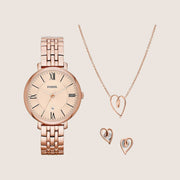 Fossil Women's Jacqueline Rose Gold Bracelet Analogue Watch & Jewellery Gift Set ES5252SET
