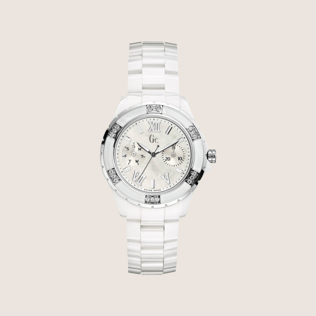 GC Ladies White Ceramic Day Date Mother Of Pearl Dial Stone Set Watch X69117L1S