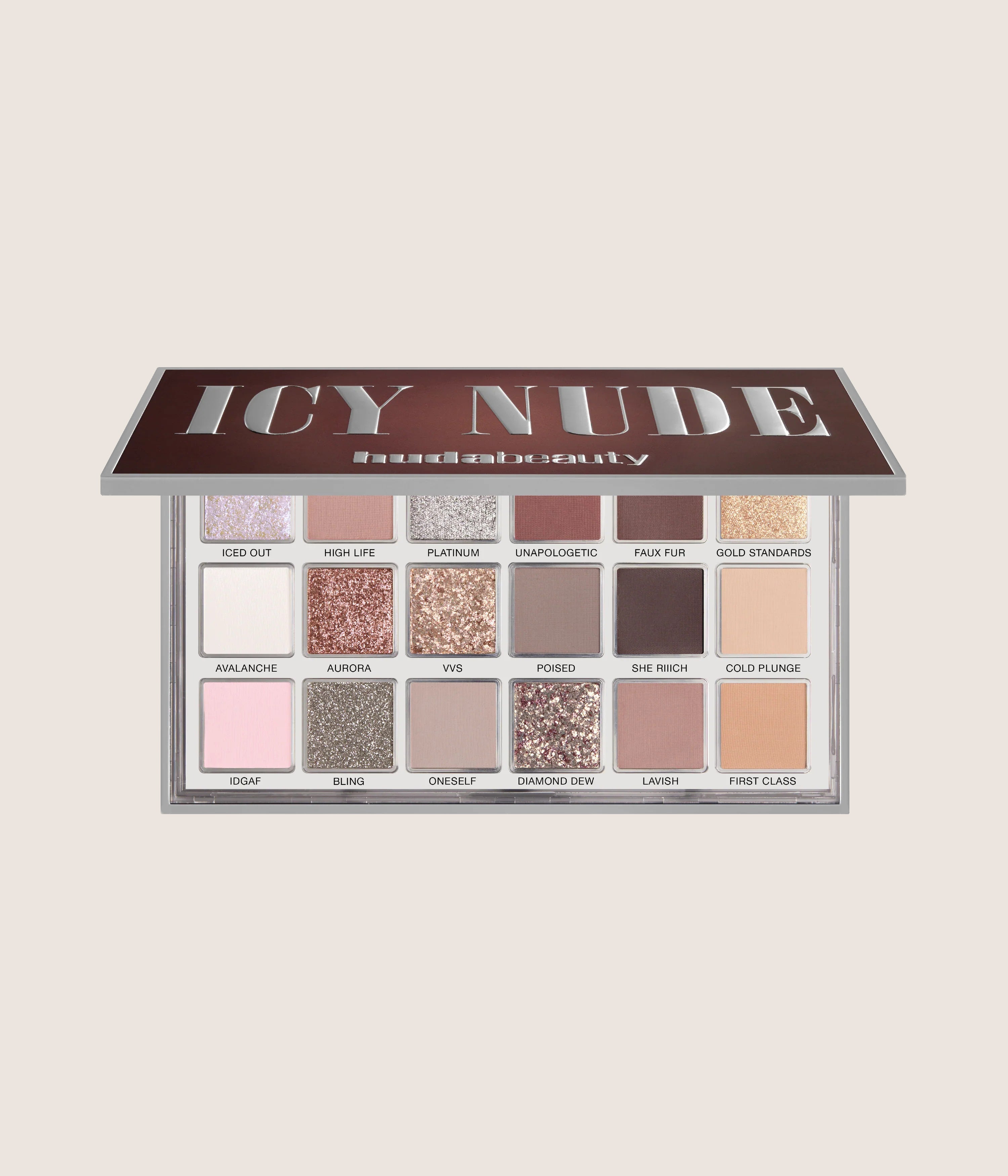 Huda Beauty Icy Nude Eyeshadow Palette 18-Shade Cool-Toned Matte Shimmer & Metallic Palette 16.8g