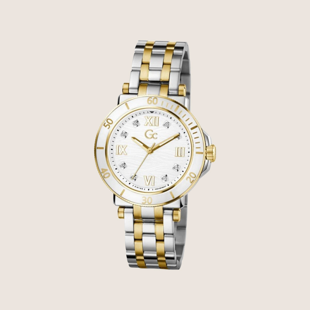 GC Ladies Two-Tone Crystal Set White Dial Round Case Swiss Quartz Watch Z45002L1MF