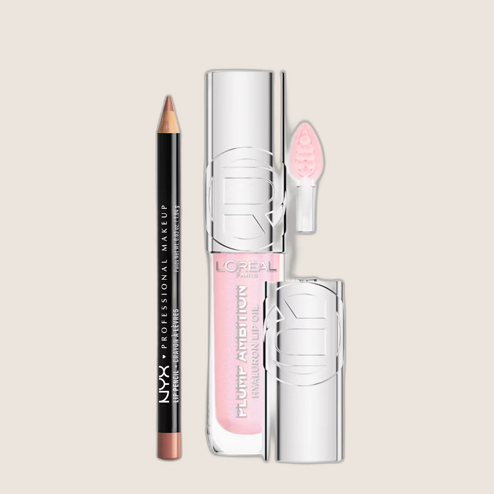 L'Oréal Paris Plump Ambition Lip Oil Cristal Clear 101 & NYX Slim Lip Liner Peekaboo Neutral Duo