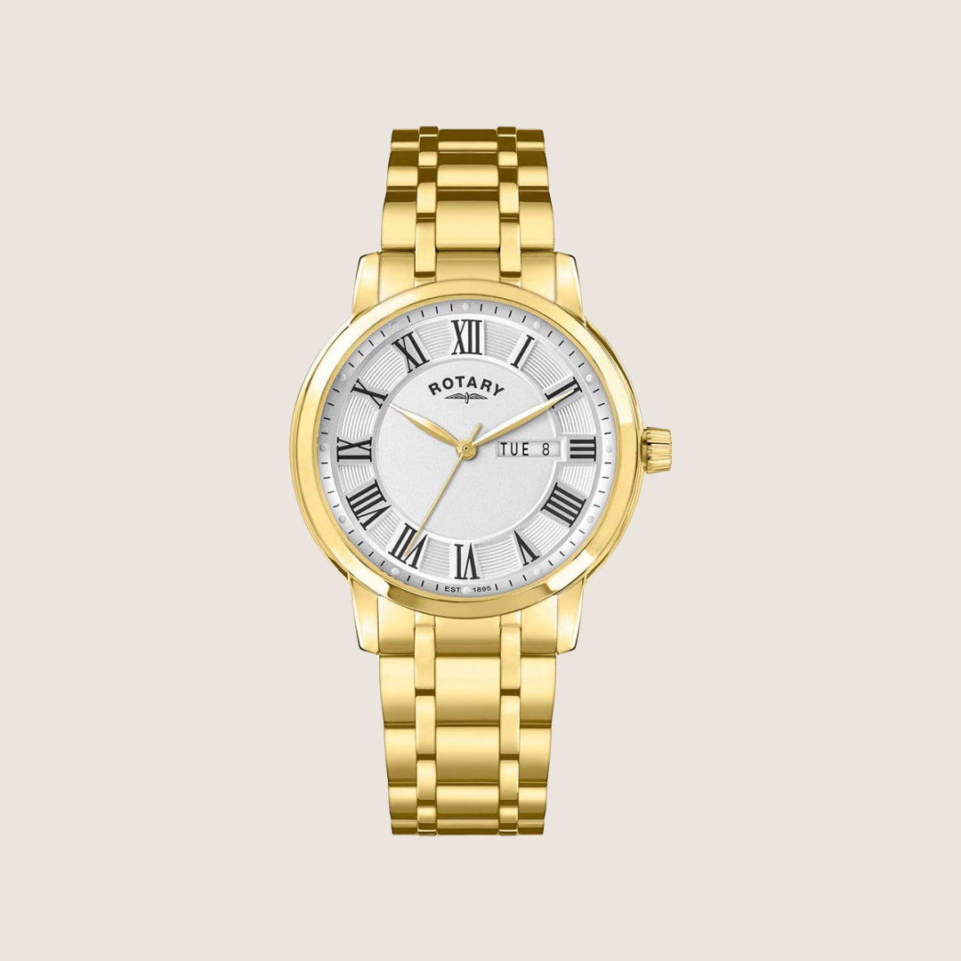 Rotary Mens Heritage White Dial Day/Date Gold Roman Numeral Bracelet Watch RGB10022-70