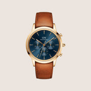 Daniel Wellington Mens Iconic Chronograph Rose Gold Blue Dial 42mm Watch DW00100640