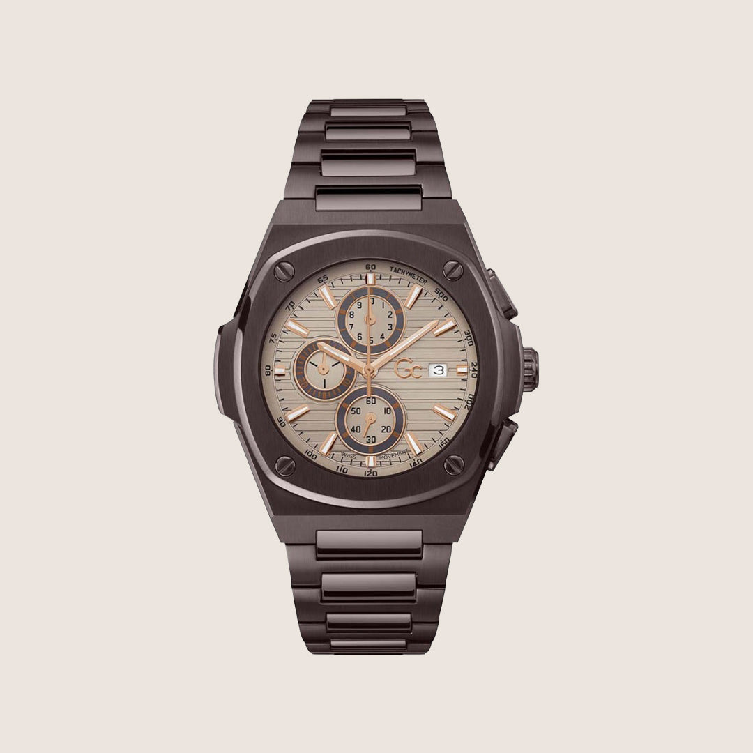 GC Men's Coussin Shape Chronograph Beige Dial Brown Bracelet Watch Y99013G1MF