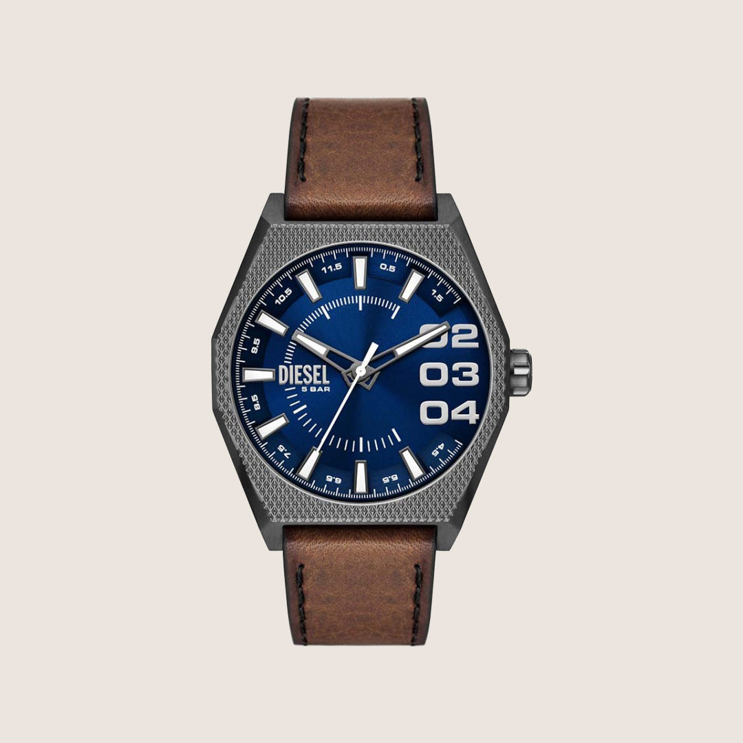 Diesel Mens Scraper Analogue Blue Dial Brown Leather Strap Octagon Watch DZ2189