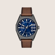 Diesel Mens Scraper Analogue Blue Dial Brown Leather Strap Octagon Watch DZ2189
