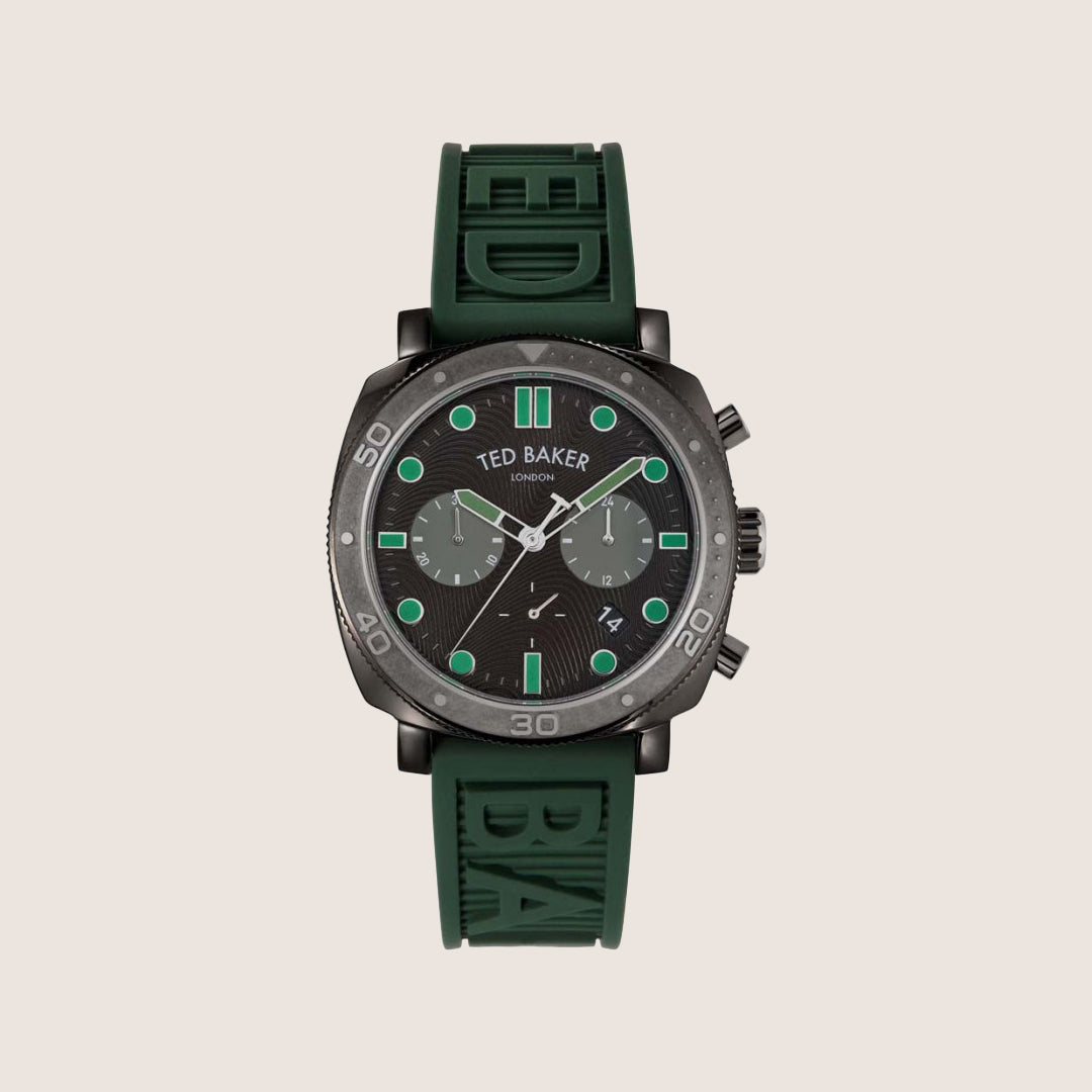 Ted Baker Mens Caine Urban Black Dial Chronograph Green Silicone Strap Watch BKPCNF203
