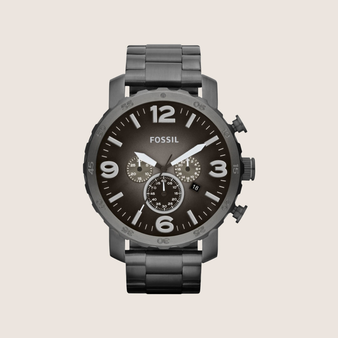 Fossil Mens Nate Black Steel Chronograph Watch JR1437