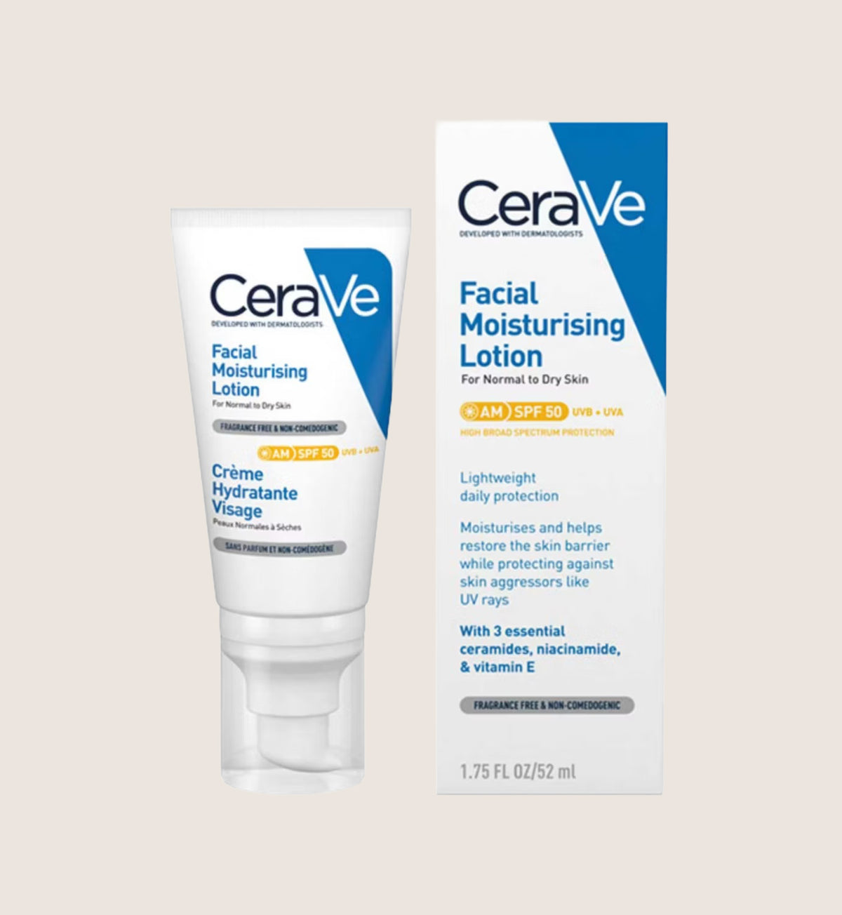 CeraVe AM Facial Moisturising Lotion SPF50 with Ceramides & Vitamin E, Normal to Dry Skin 52ml