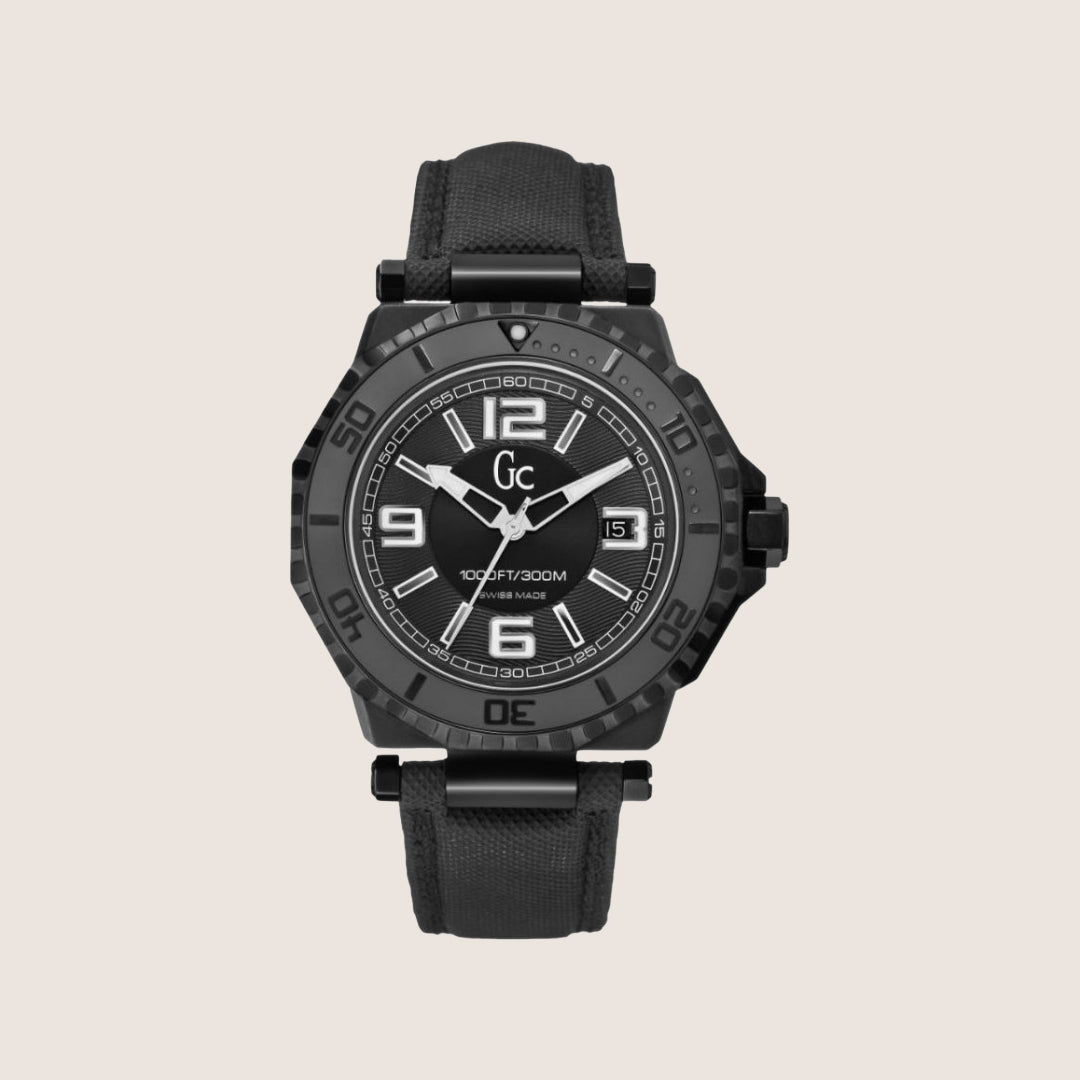 GC Men's Analogue Black Dial 300m Water Resistant Black Leather Watch X79011G2S
