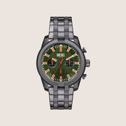 Diesel Mens Split Chronograph Green Dial Gunmetal Steel Bracelet Watch DZ4624