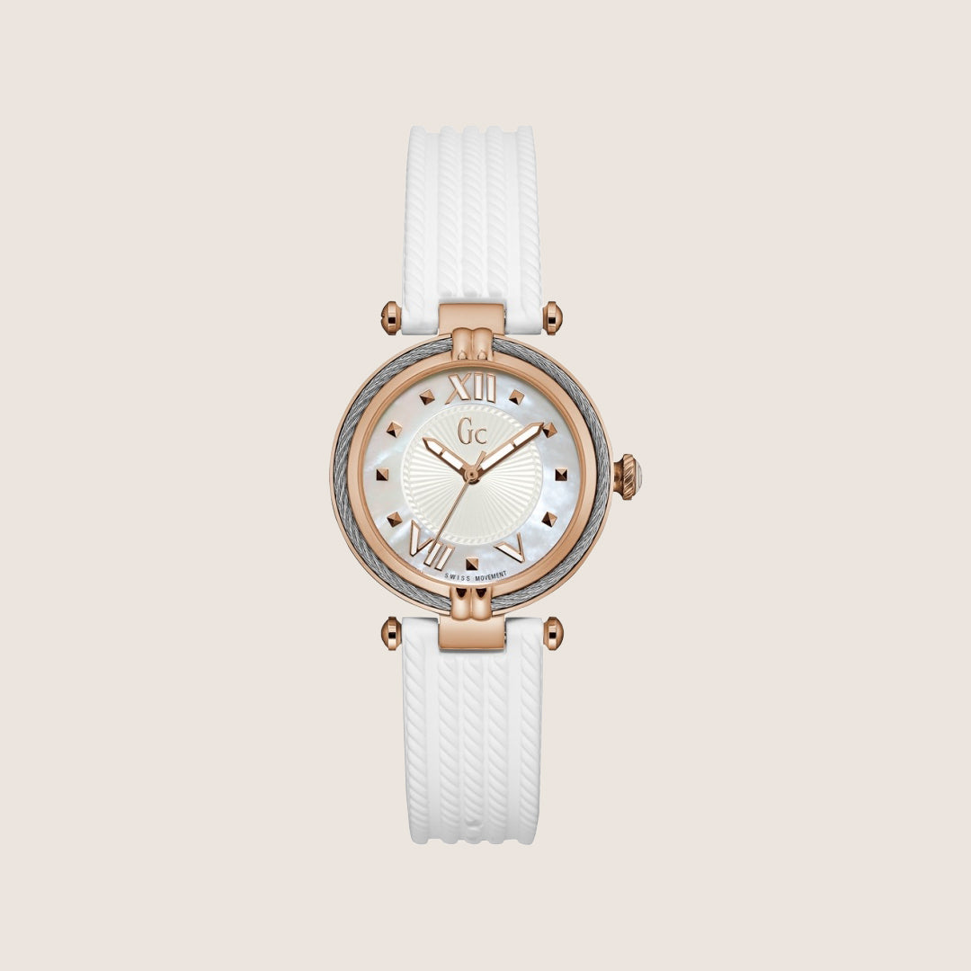 GC Ladies Cable Chic Rose Gold Sapphire Crystal White Strap Swiss Watch Y18004L1