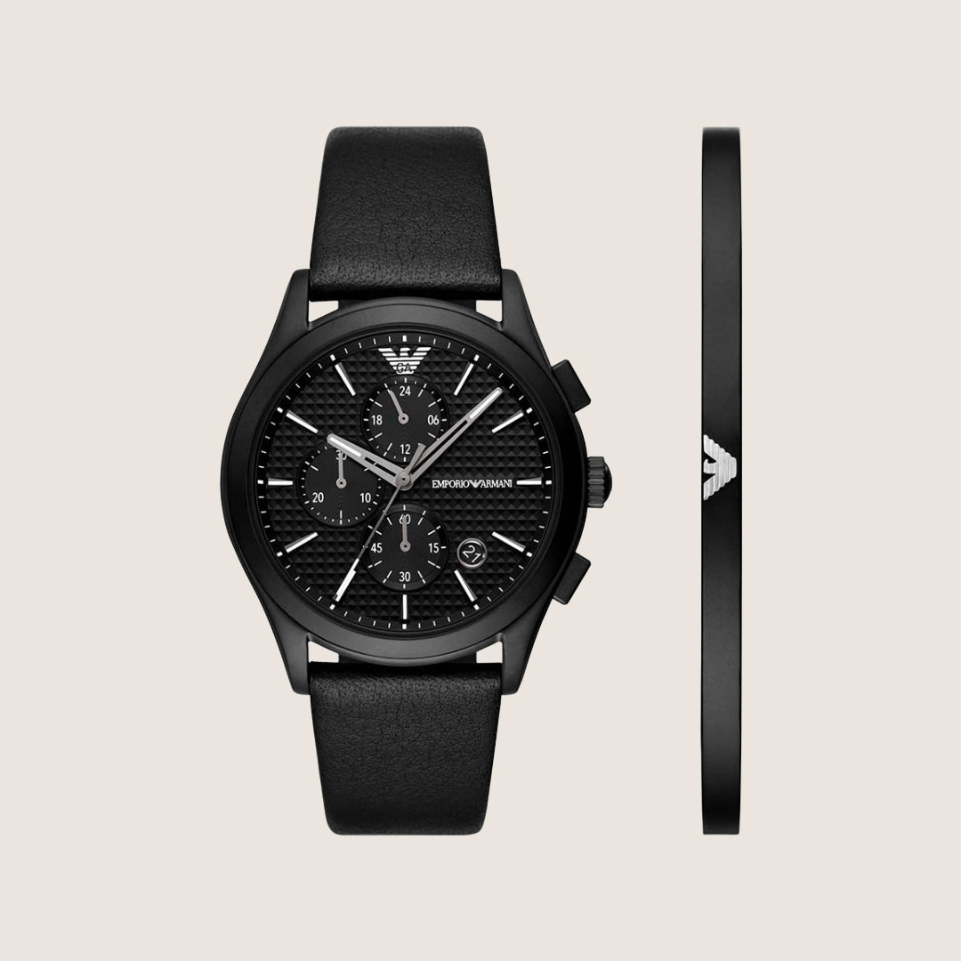 Emporio Armani Men's Watch & Bracelet Gift Set Black Dial Black Leather Strap AR80070SET