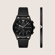 Emporio Armani Men's Watch & Bracelet Gift Set Black Dial Black Leather Strap AR80070SET