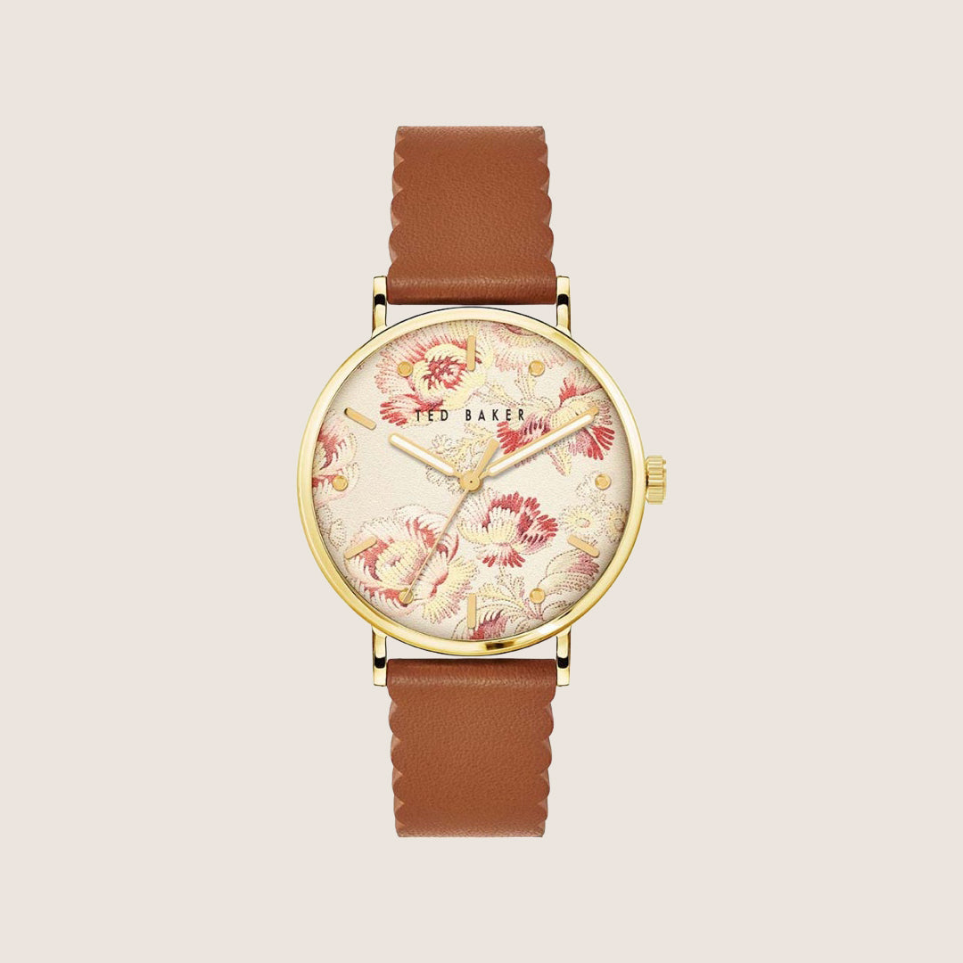 Ted Baker Ladies Phylipa Fashion Gold Beige Baton Dial Leather Strap Watch BKPPHF209
