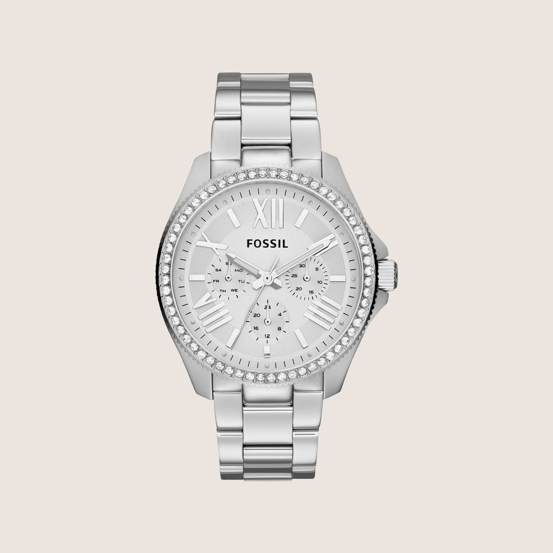 Fossil Women's Cecile Silver Crystal Bezel Analogue Bracelet Watch AM4481