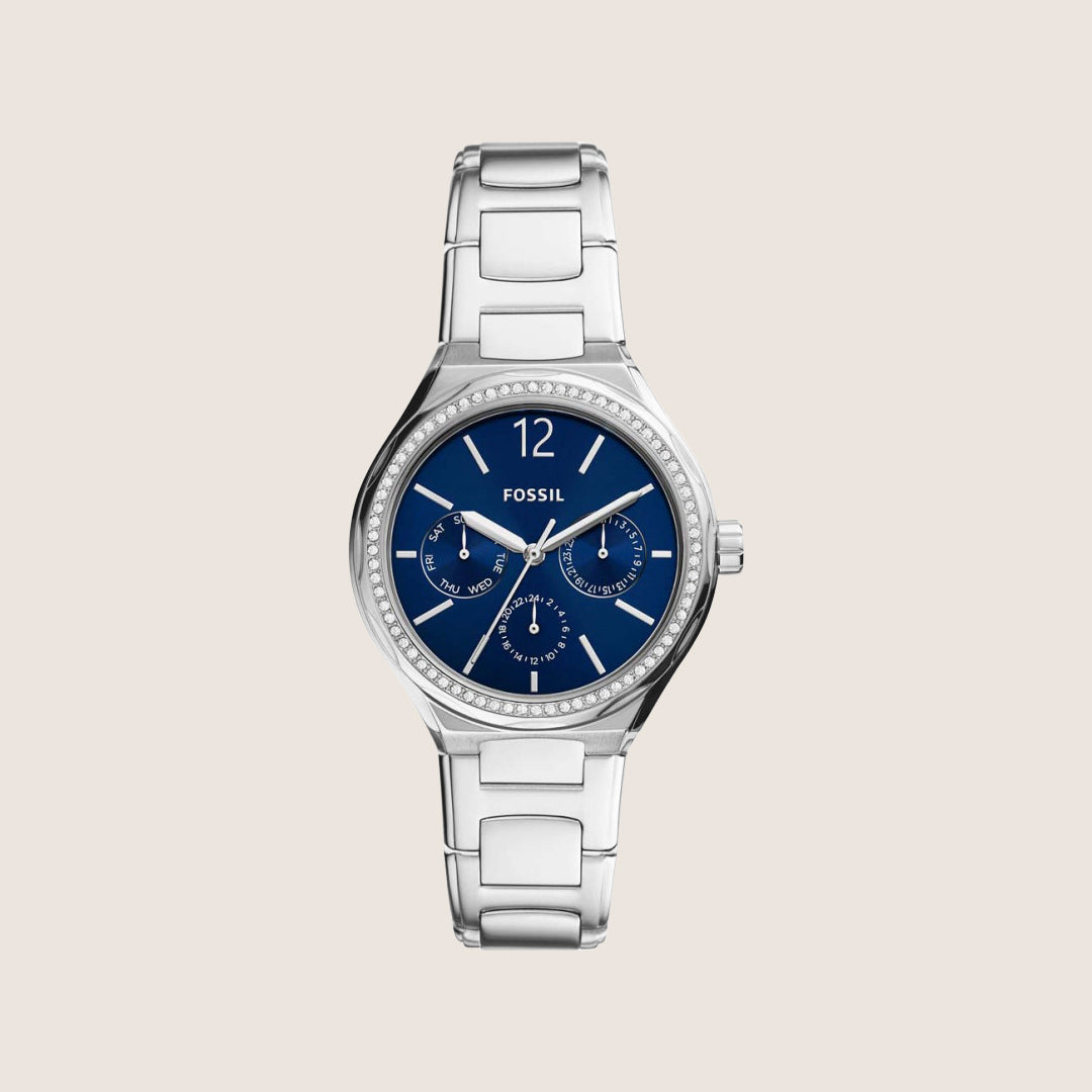 Fossil Women's Eevie Silver Blue Crystal Bracelet Day/Date Analogue Watch BQ3720