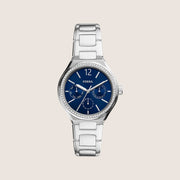 Fossil Women's Eevie Silver Blue Crystal Bracelet Day/Date Analogue Watch BQ3720