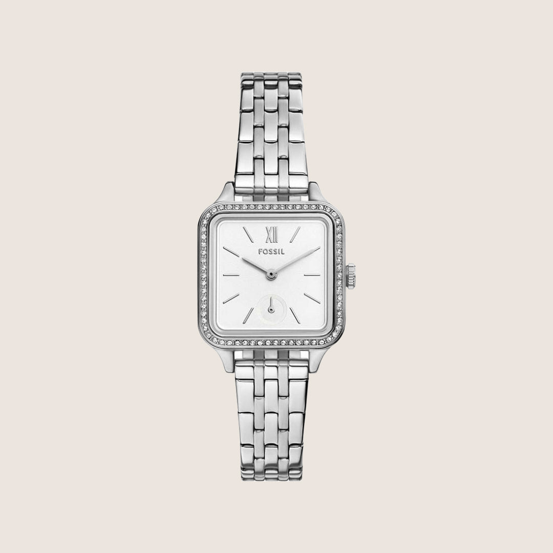 Fossil Women's Colleen Silver Square Crystal Bracelet Analogue Watch BQ3981