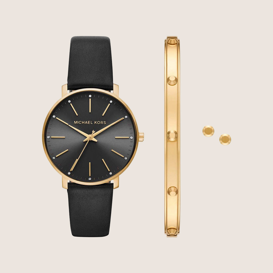 Michael Kors Women's Pyper Clear Stone-Set Black Dial Watch MK1077SET