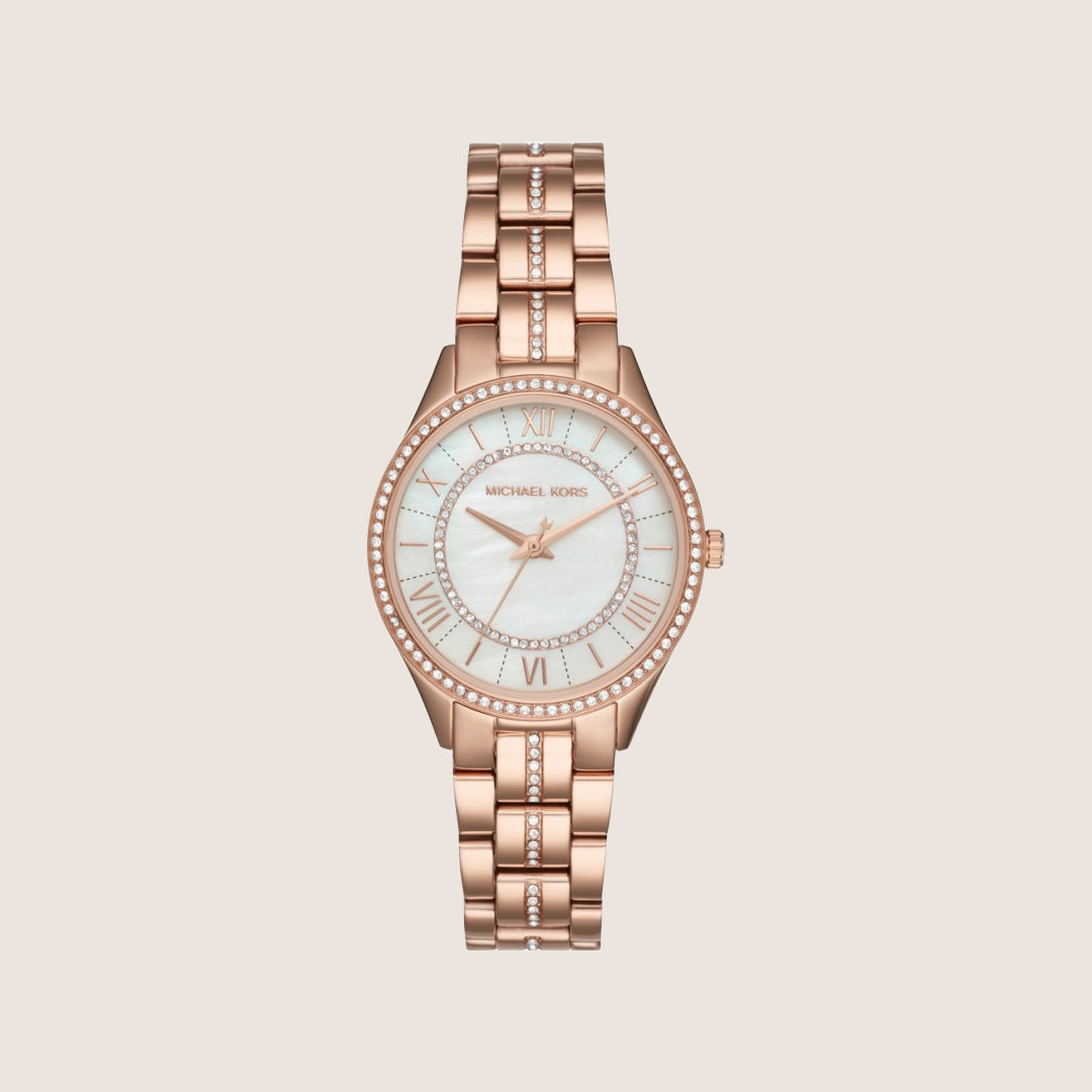 Michael Kors Women's Lauryn Clear Stone-Set Mother Of Pearl Dial Watch MK3716