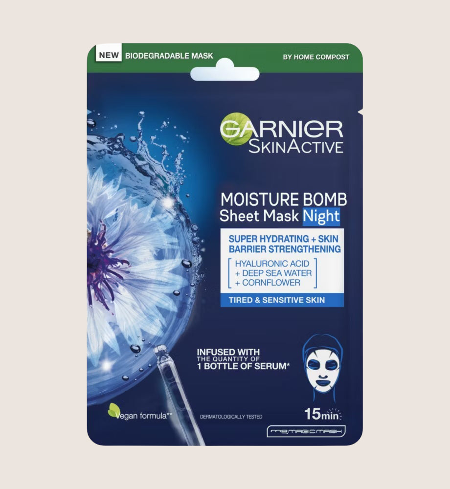Garnier Moisture Bomb Night Time Deep Sea Water and Hyaluronic Acid Sheet Face Mask With Hyaluronic Acid 28g