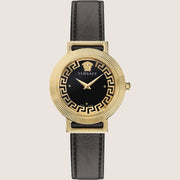 Versace Ladies Greca Chic Watch Black Dial Gold Case Leather Strap VE3D00322