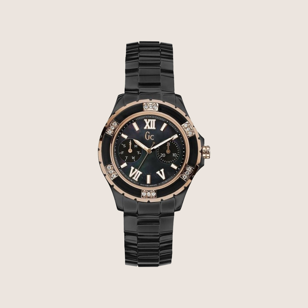 GC Ladies Black Ceramic Stone Set Day Date Mother Of Pearl Dial Watch X69118L2S