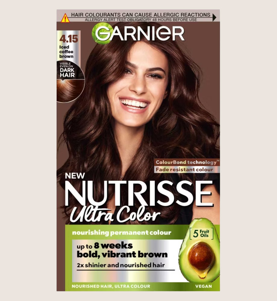 Garnier Nutrisse Ultra Color Dye, Vegan, 4.15 Iced Coffee Brown, cool and sophisticated hair shade Vegan Formula