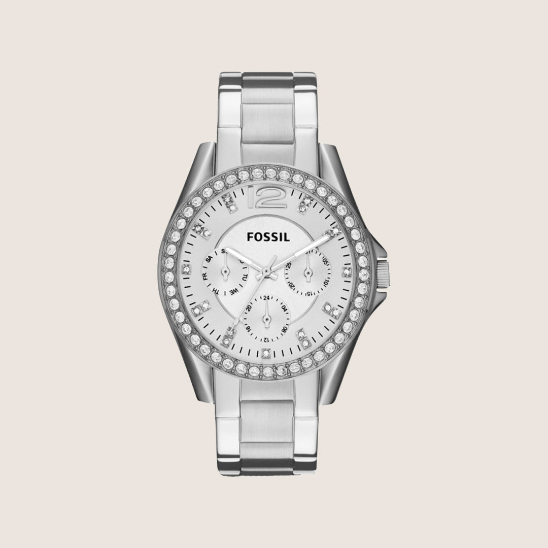 Fossil Women's Riley Silver Crystal Bracelet Chronograph Date Watch ES3202