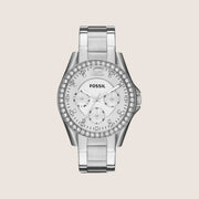 Fossil Women's Riley Silver Crystal Bracelet Chronograph Date Watch ES3202