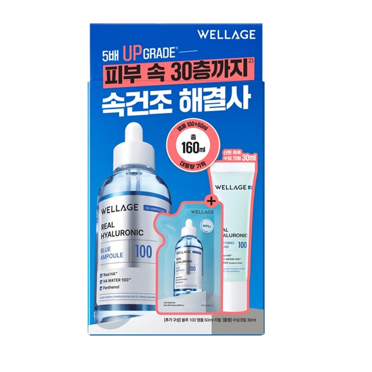 WELLAGE Real Hyaluronic Blue 100 Ampoule 100ml Set (+60ml refill+cream 30ml)