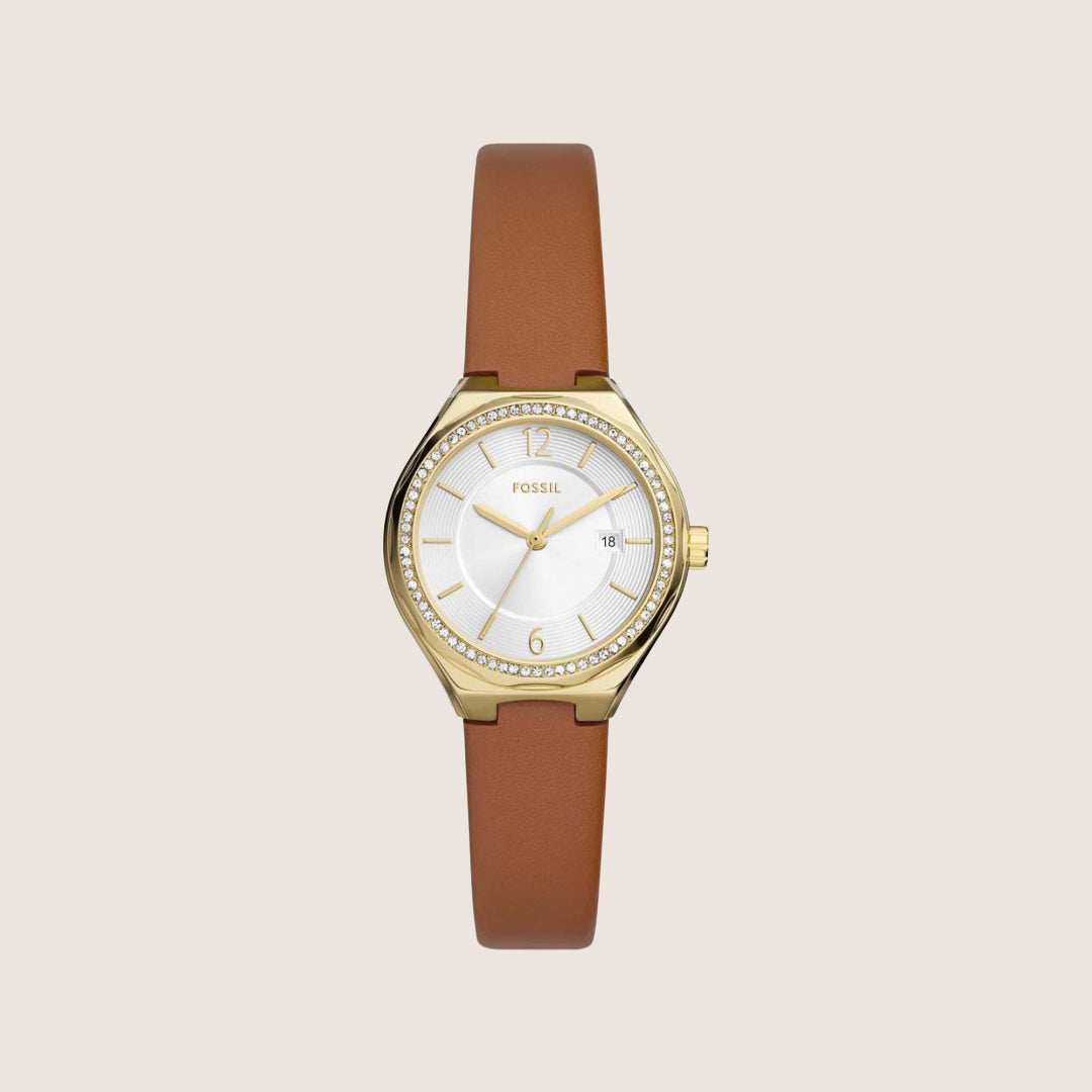 Fossil Women's Eevie Gold White Dial Brown Leather Strap Date Analogue Watch BQ3957