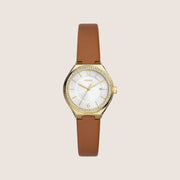 Fossil Women's Eevie Gold White Dial Brown Leather Strap Date Analogue Watch BQ3957