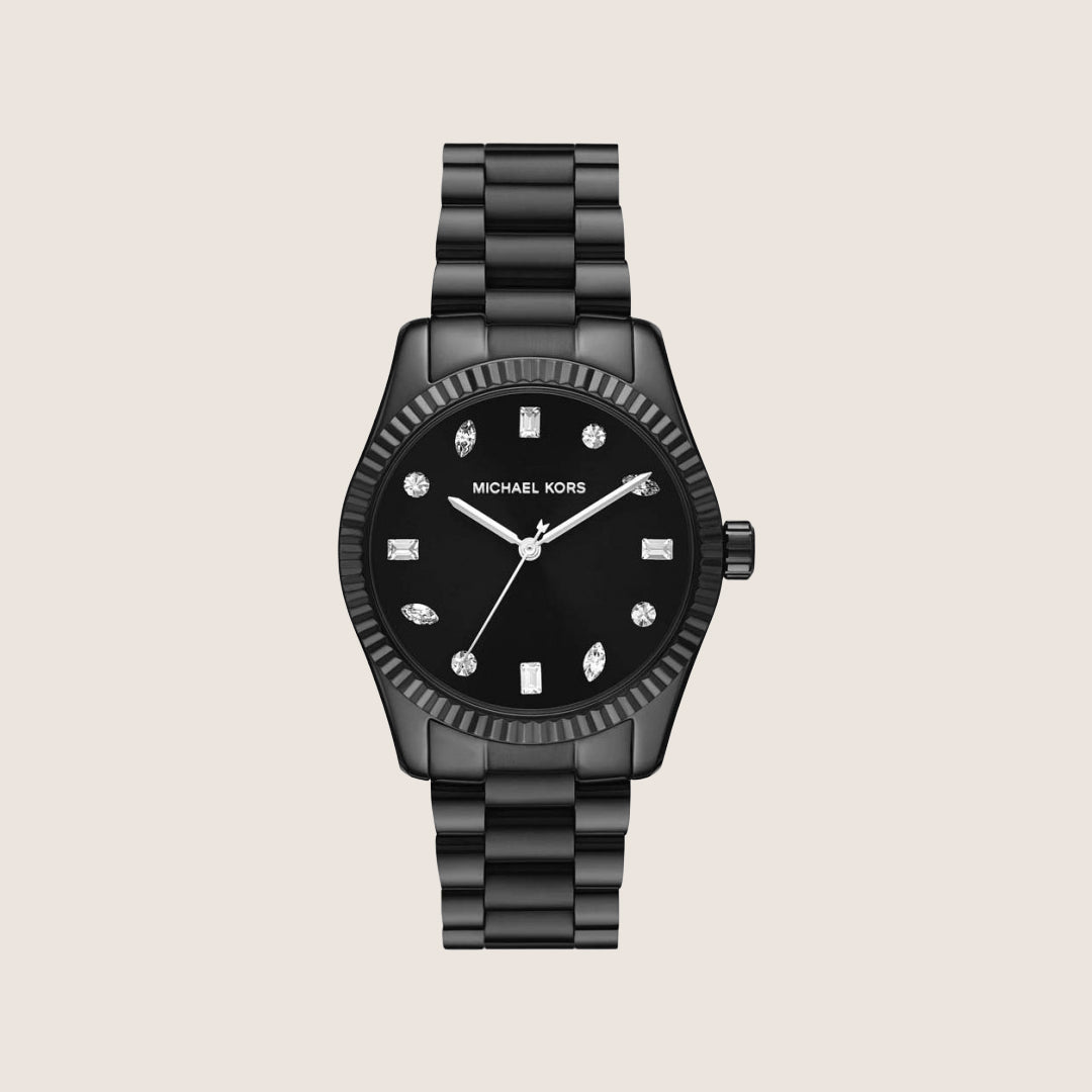 Michael Kors Women's Lexington Clear Stone-Set Black Dial Watch MK7442