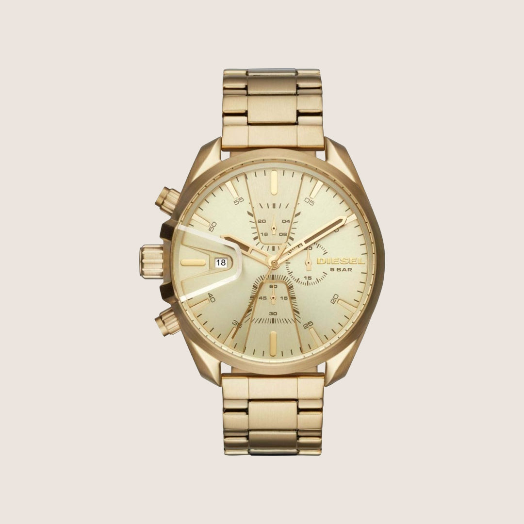 Diesel Mens MS9 Chronograph Gold Dial Gold Steel Bracelet Watch DZ4475
